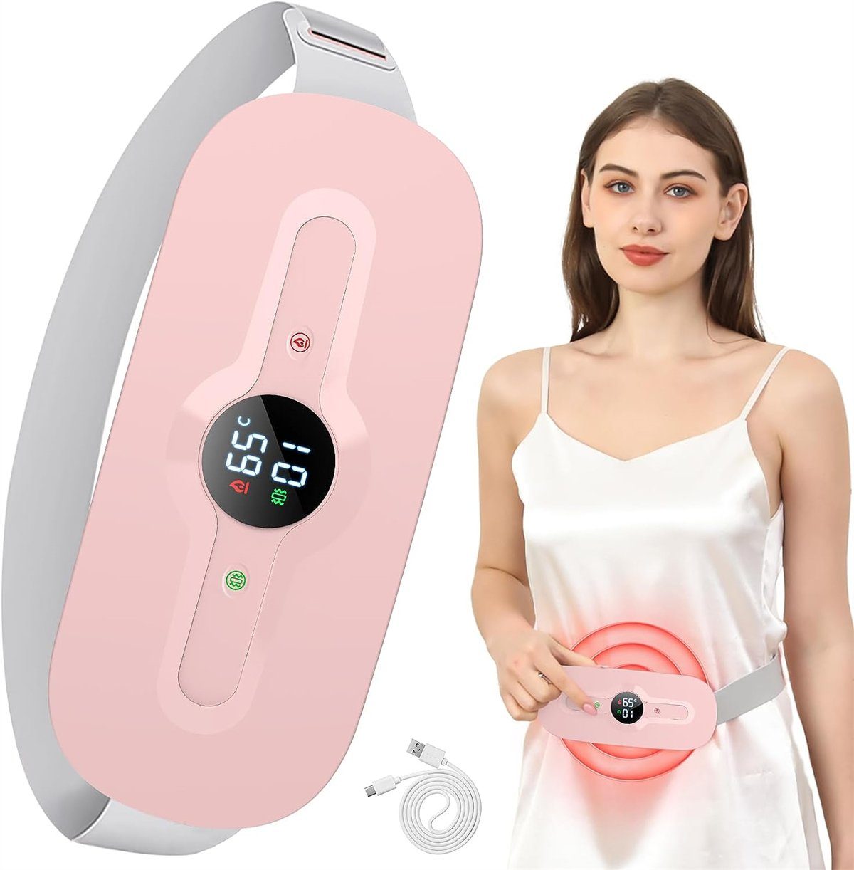 Yoyaxi Bandmassagegerät Kabelloser Perioden-Wärmegürtel, 2200 mAh Akku, tragbar, 6 Heizmodi und 6 Vibrationsmodi für Frauen und Mädchen, Pink