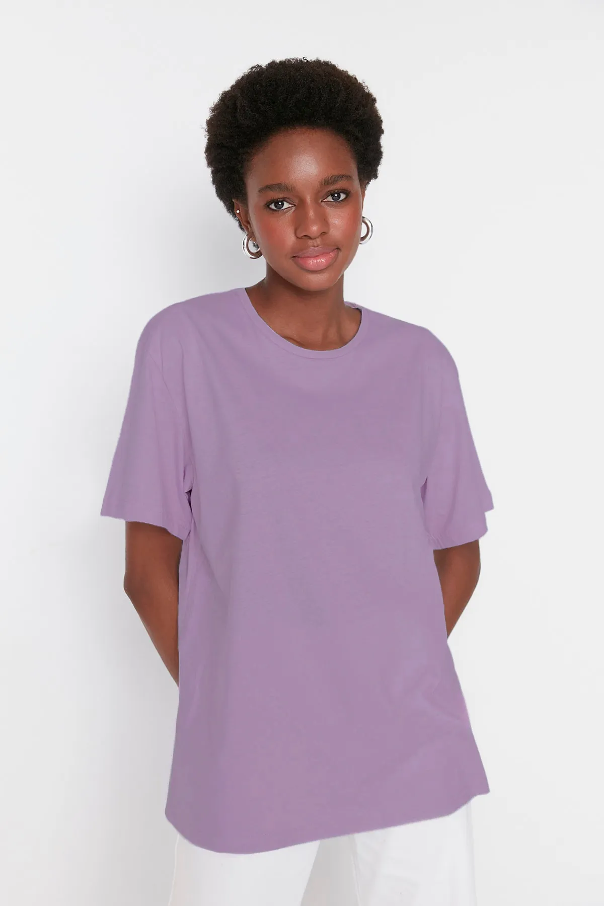 Trendyol Collection  Lila, 100 % Baumwolle, Oversize/Weitform, Rundhals-Strick-T-Shirt TWOSS20TS0134