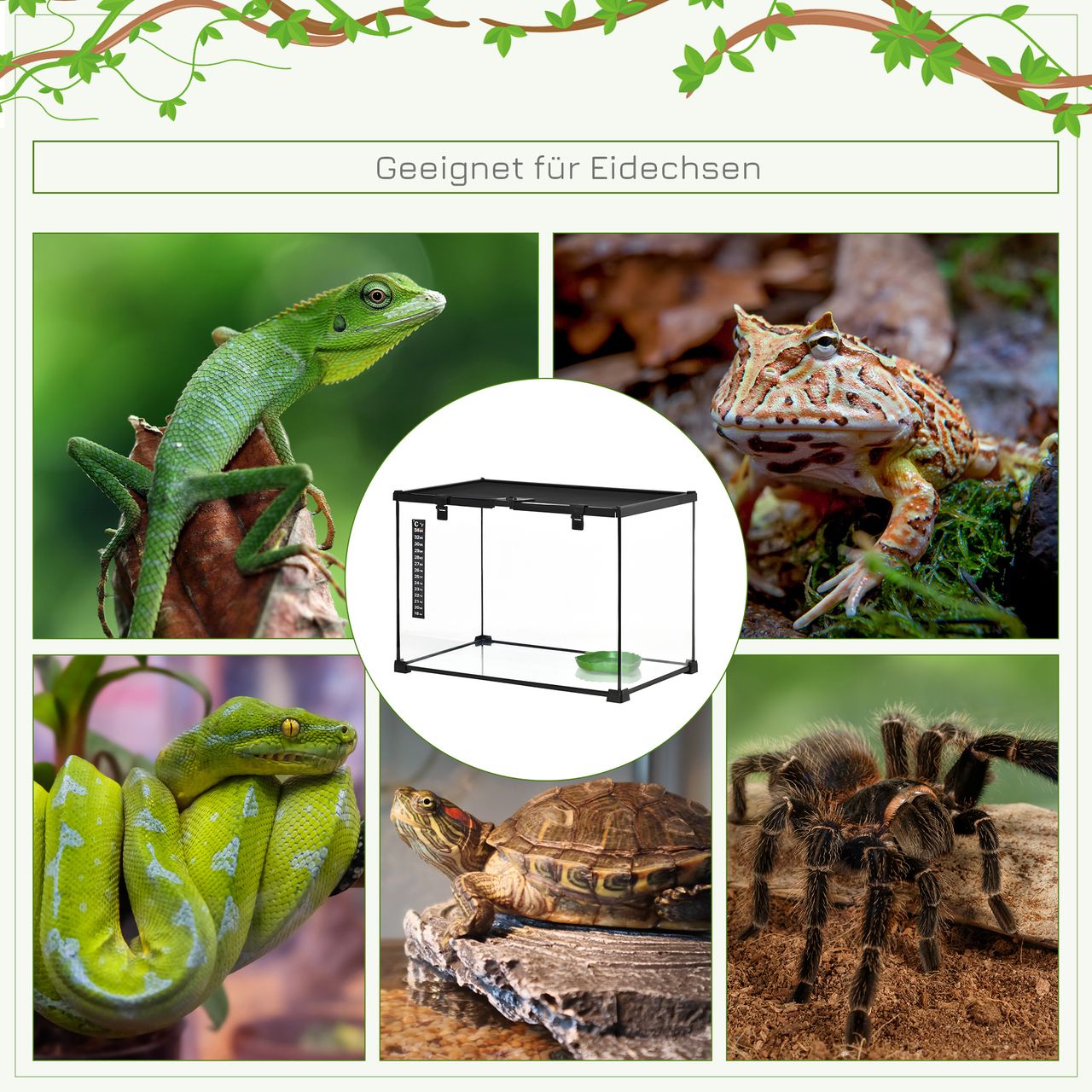 PawHut Terrarium für Reptilien Reptile Fütterungsbox Glasterrarium Amphibien Spinnentiere mit Thermometer Reptilienzuchtbox Metall Schwarz 50 x 30 x 35 cm