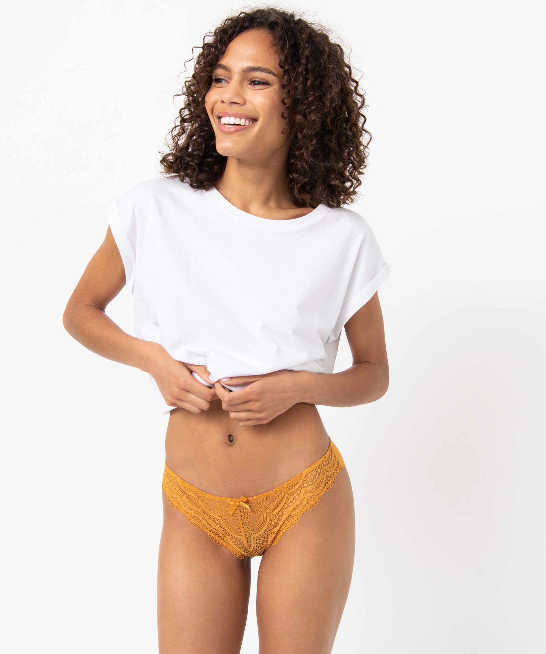 Culotte femme en microfibre et dentelle (lot de 2) jaune | GEMO