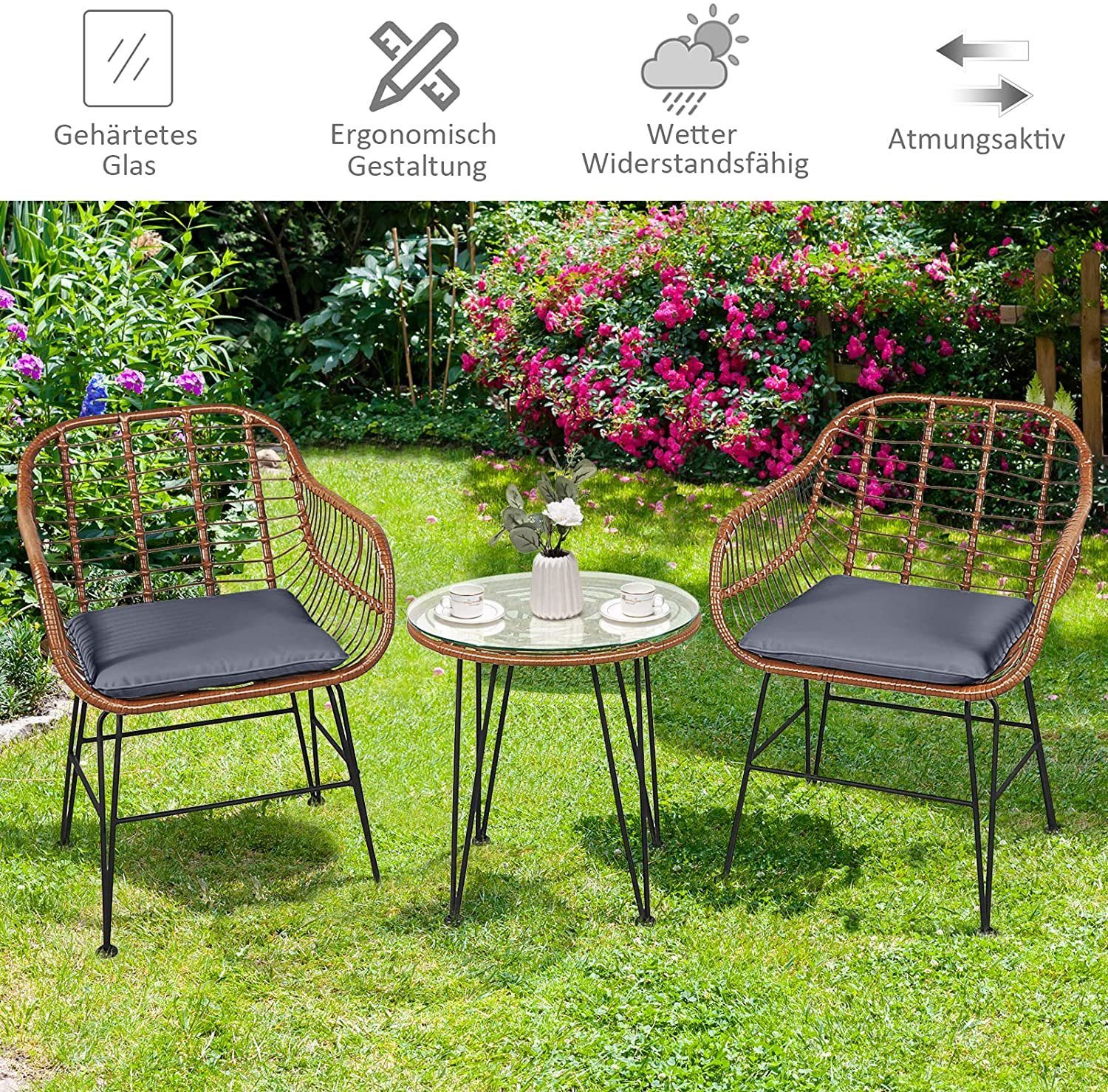 KOMFOTTEU Bistrostuhl 3-teiliges Gartenmöbel-Set, mit 2 Korbsesseln