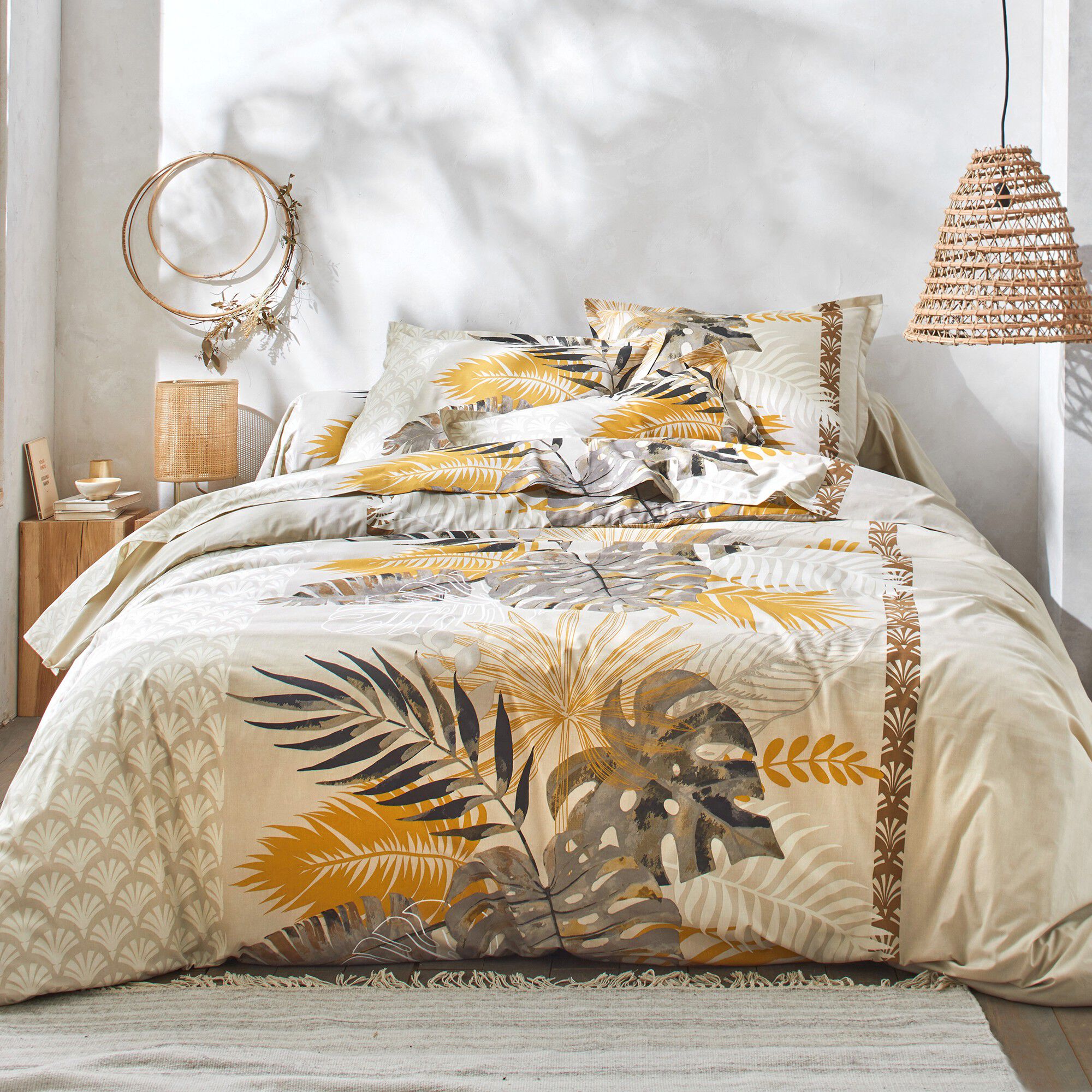 Linge de lit Cayenne en coton imprimé feuilles de palmiers