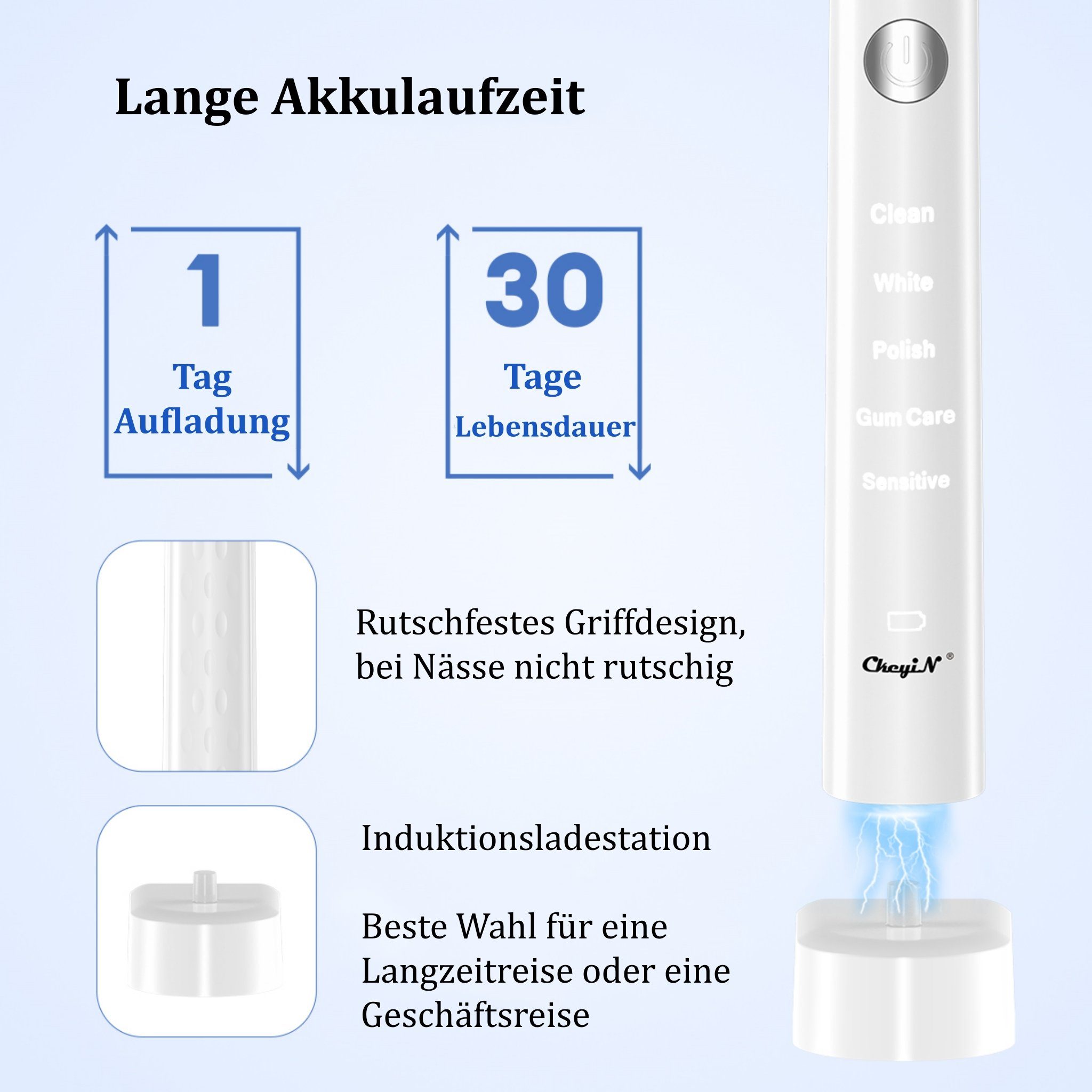 CkeyiN Ultraschallzahnbürste Sonic Magnetic Levitation 3 in 1 elektrische Zahnbürste, Aufsteckbürsten: 4 St., 5 Modi, 5 Intensitätseinstellungen