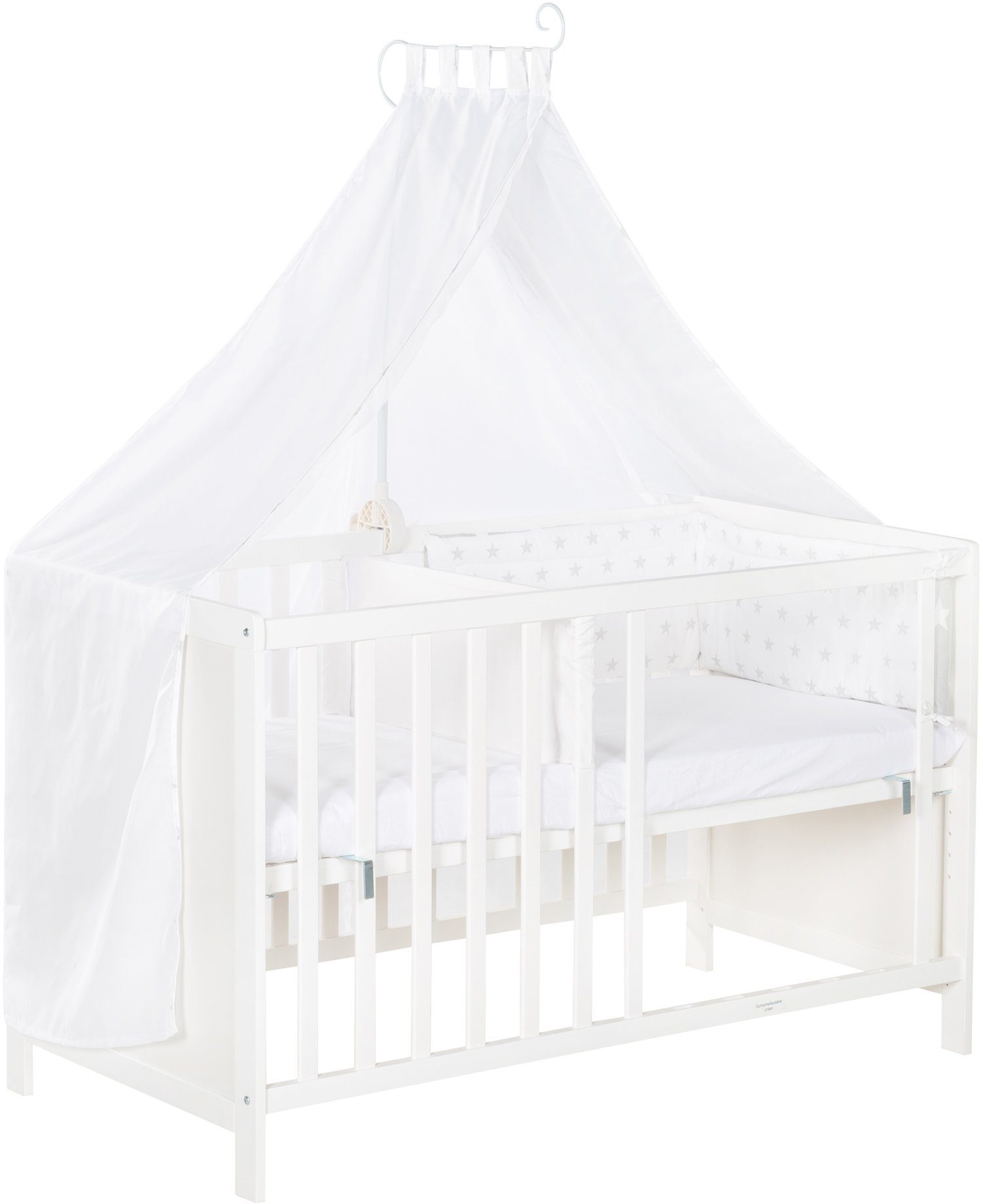 roba® Babybett Multifunktionsbett mit Beistellfunktion, 7-tlg., Lattenrost, Matratze, Nestchen, Bettverkleinerer, Himmel, Himmelstange