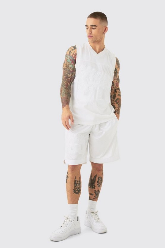 Tanktop und Shorts aus Mesh und Satin mit Basketball-Applikation