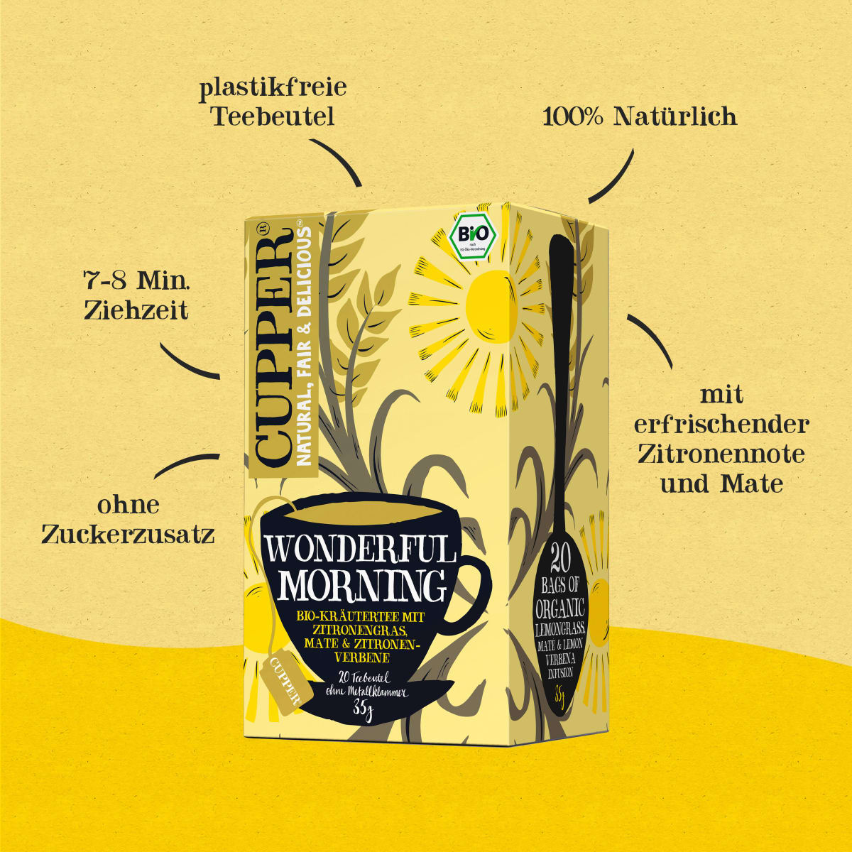 Kräutertee \Wonderful Morning\ mit Mate, Zitronengras, Zitronenverbene (20 Beutel), 35 g