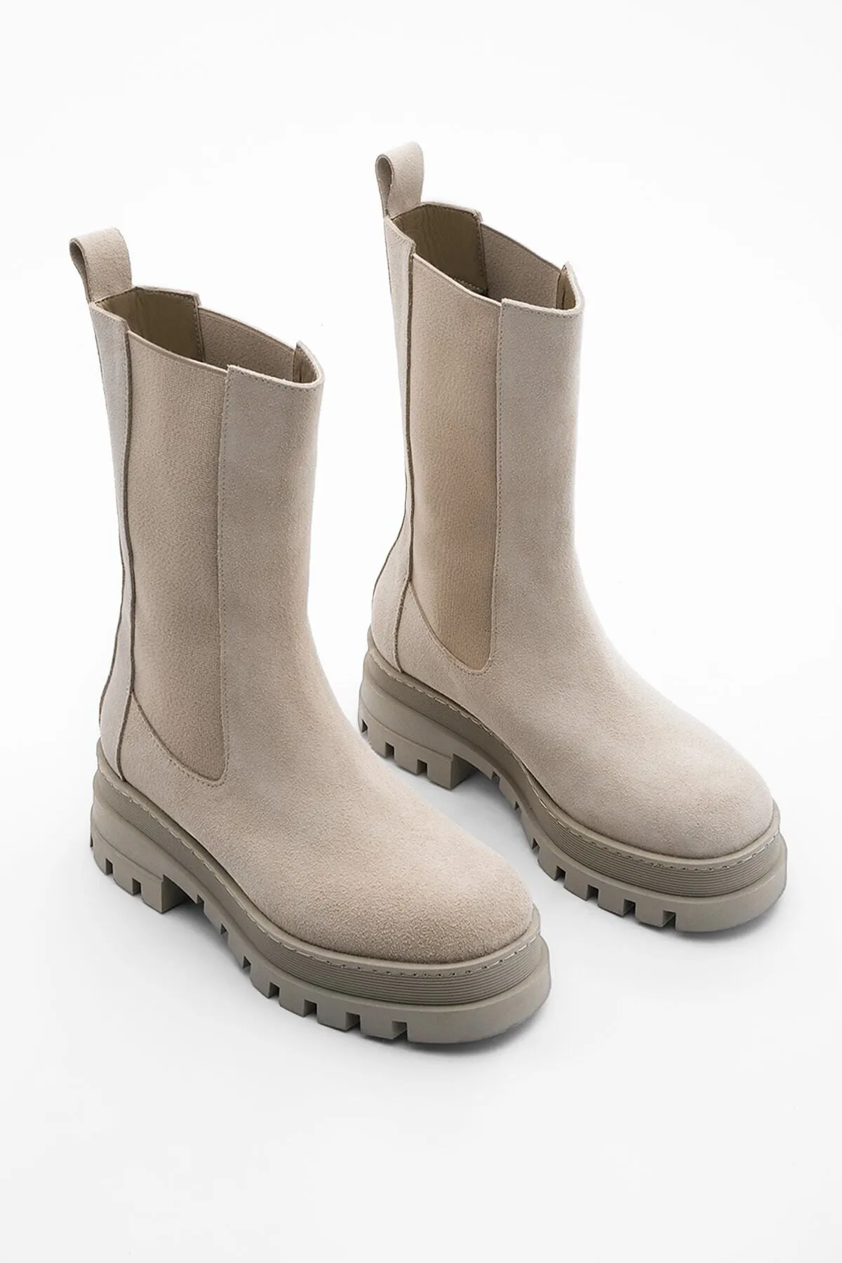 Marjin  Damen Stiefel aus echtem Leder für den Alltag, dicke gezackte Sohle, elastisch, Unvez, beige, Wildleder
