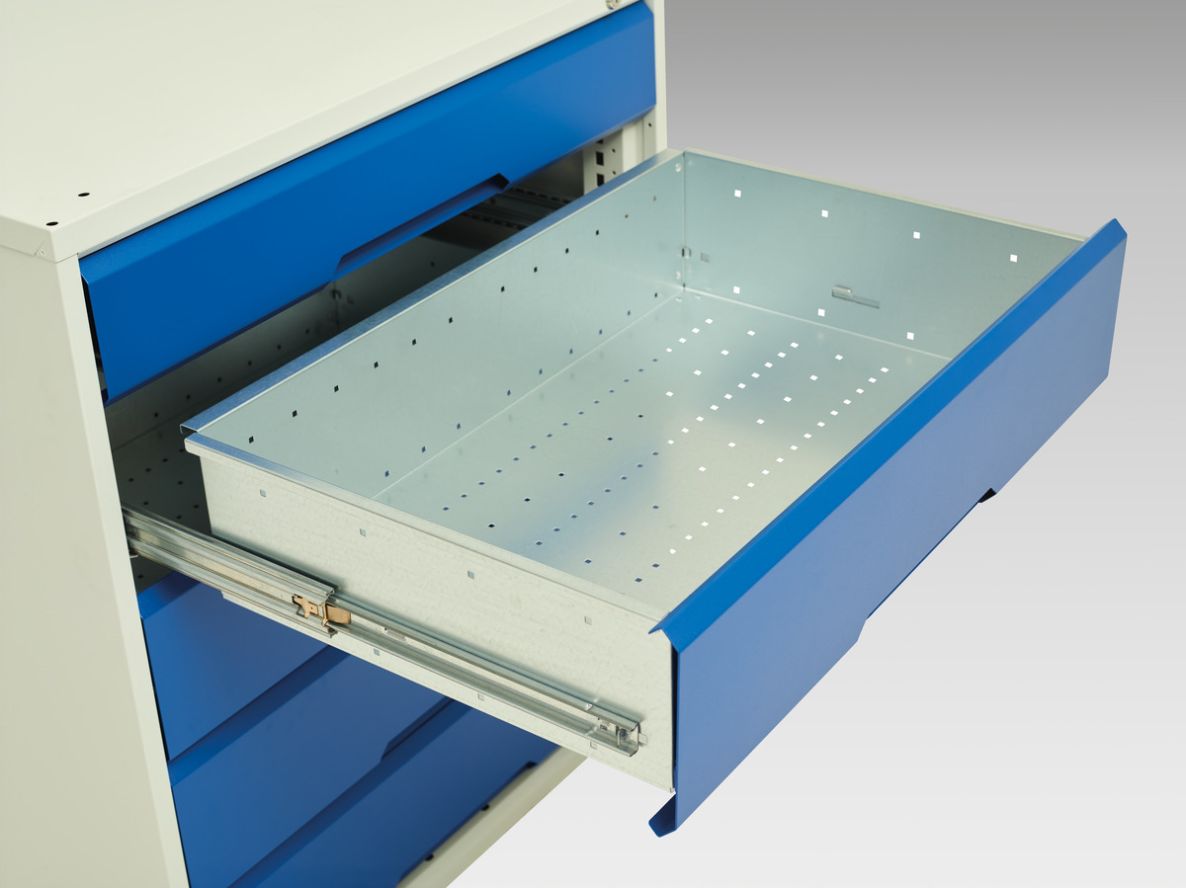 Bancada de trabalho ajustável Bott 16923033.19 Verso, 2000x600x830-930mm, em madeira compensada, com 9 gavetas, cor RAL 7016.