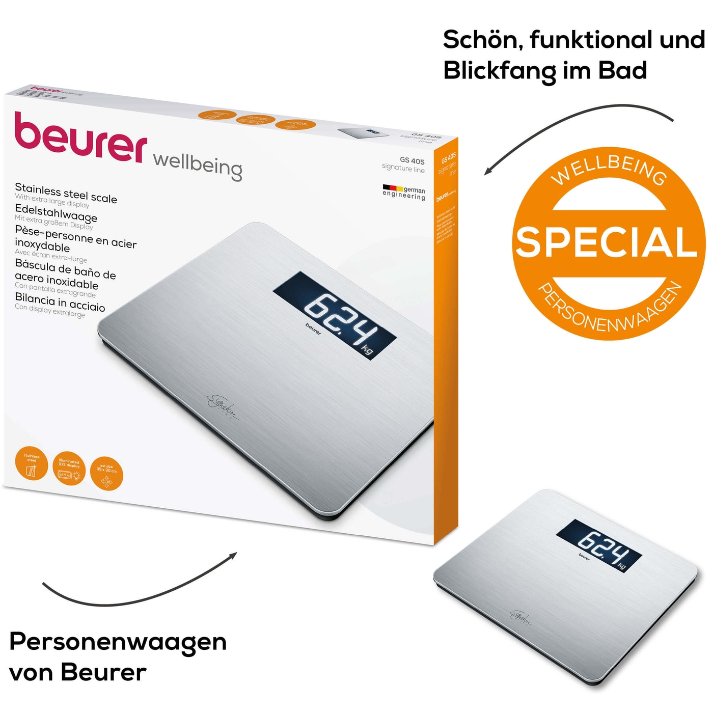 Beurer Edelstahlwaage GS 405 SignatureLine-Glaswaage im XXL-Format mit hochwertiger Edelstahloberfläche - bis 200 kg