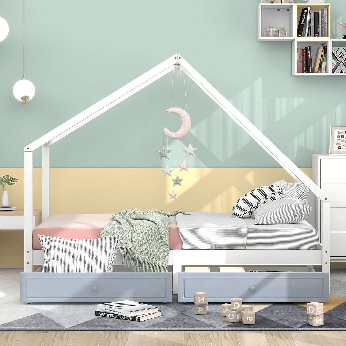 Hausbett 90x200cm mit 2 Schubladen, Kinderbett Spielbett Massiv