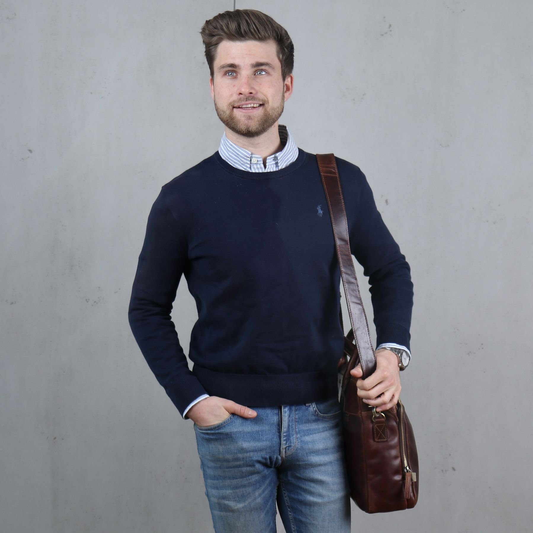 SID & VAIN Laptoptasche Leder Businesstasche Unisex RYAN, Laptoptasche 15,4 Zoll, Aktentasche Echtleder Damen Herren braun