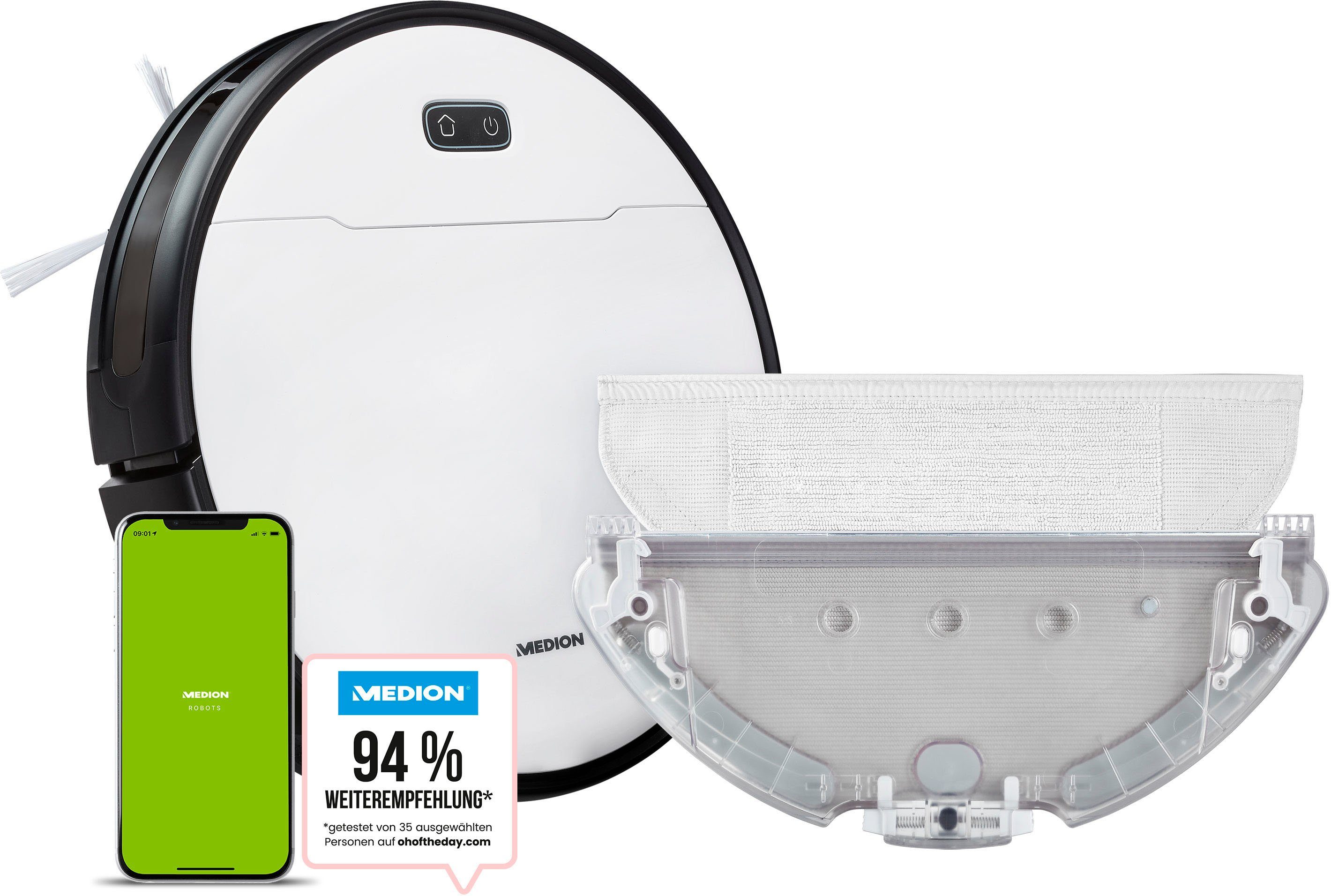 Medion® Nass-Trocken-Saugroboter S30 SW MD 20021, App + Alexa, Laufzeit bis zu 140 Min, regulierbare Wasserabgabe