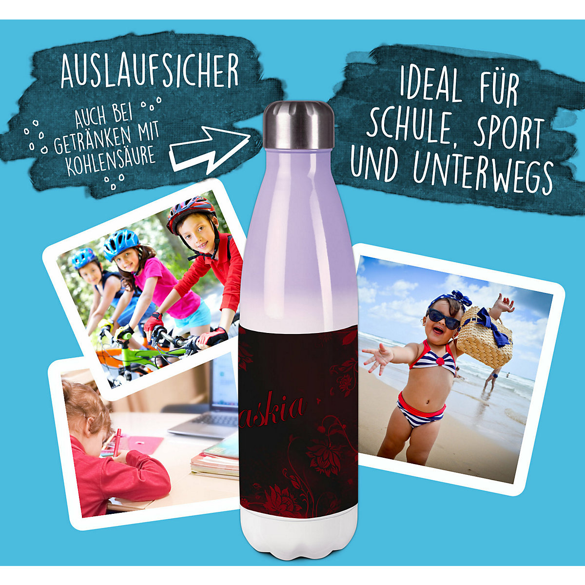 Edelstahl Kinder Thermoflasche / Trinkflasche bunt Blumenranke Farbe schwarz rot Spülmaschinenfest, Auslaufsicher, Bruchfest, Doppelwandig, Für Heißgetränke geeignet, Mit Deckel, Isoliert