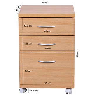 Wohnling Rollcontainer Buche 40 x 60 cm mit 3 Schubladen und Rollen