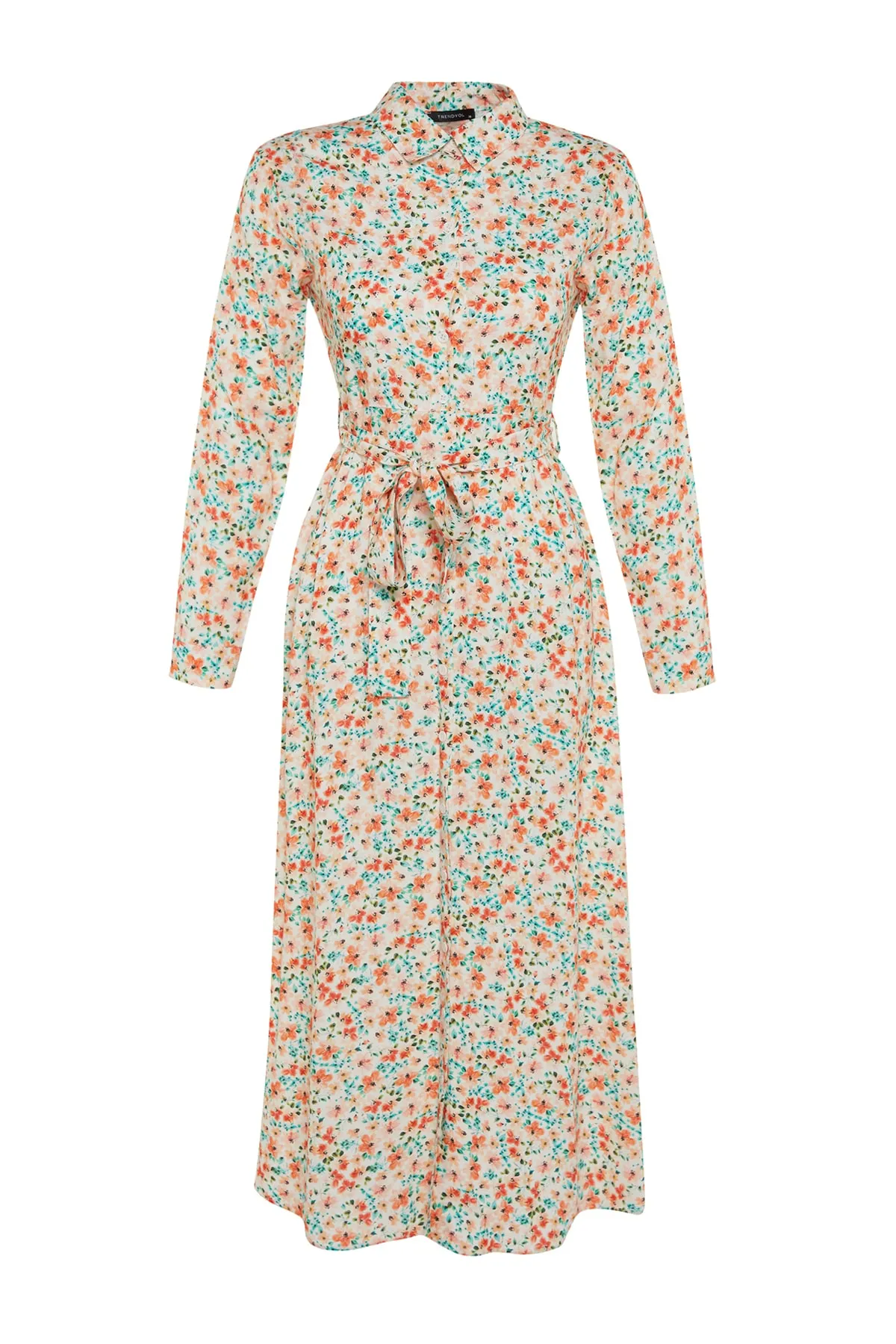 Trendyol Modest  Ecrufarbenes Hemdblusenkleid aus 100 % gewebter Viskose mit Blumenmuster und Gürtel TCTSS21EL3445