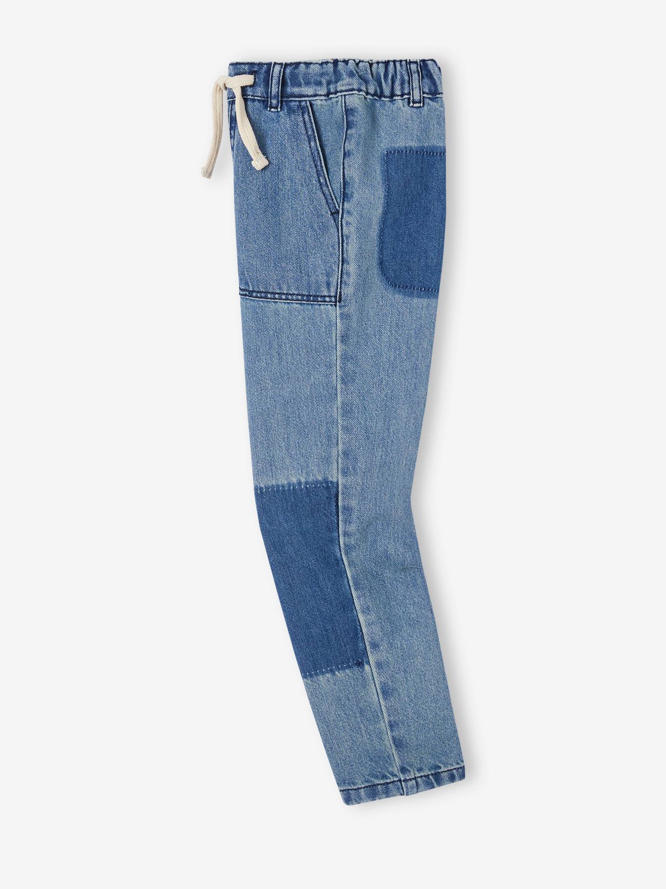 Jean droit loose effet patchs garçon denim bleached