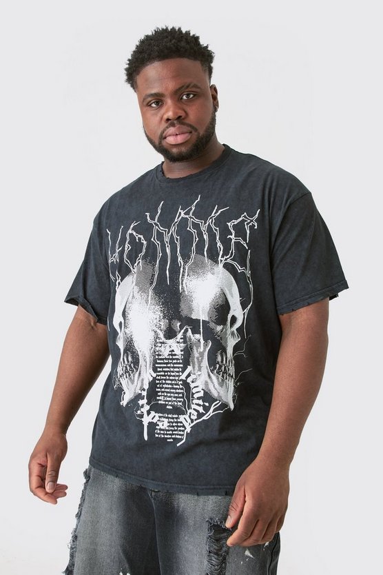 Plus zerrissenes Oversize T-Shirt mit Acid-Waschung und Gothic-Print