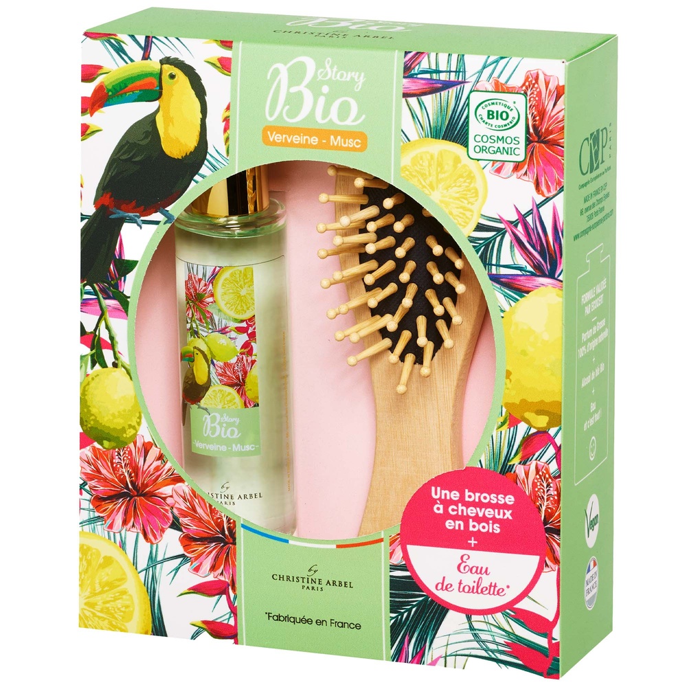 christine arbel COFFRET STORY BIO Verveine Musc EDT 50 ml + 1 brosse à cheveux en bois EAU DE TOILETTE