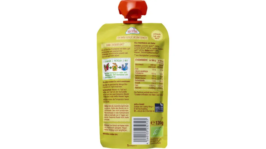 FRUCHTBAR Quetschie Haferbrei Apfel Birne Traube 120 g