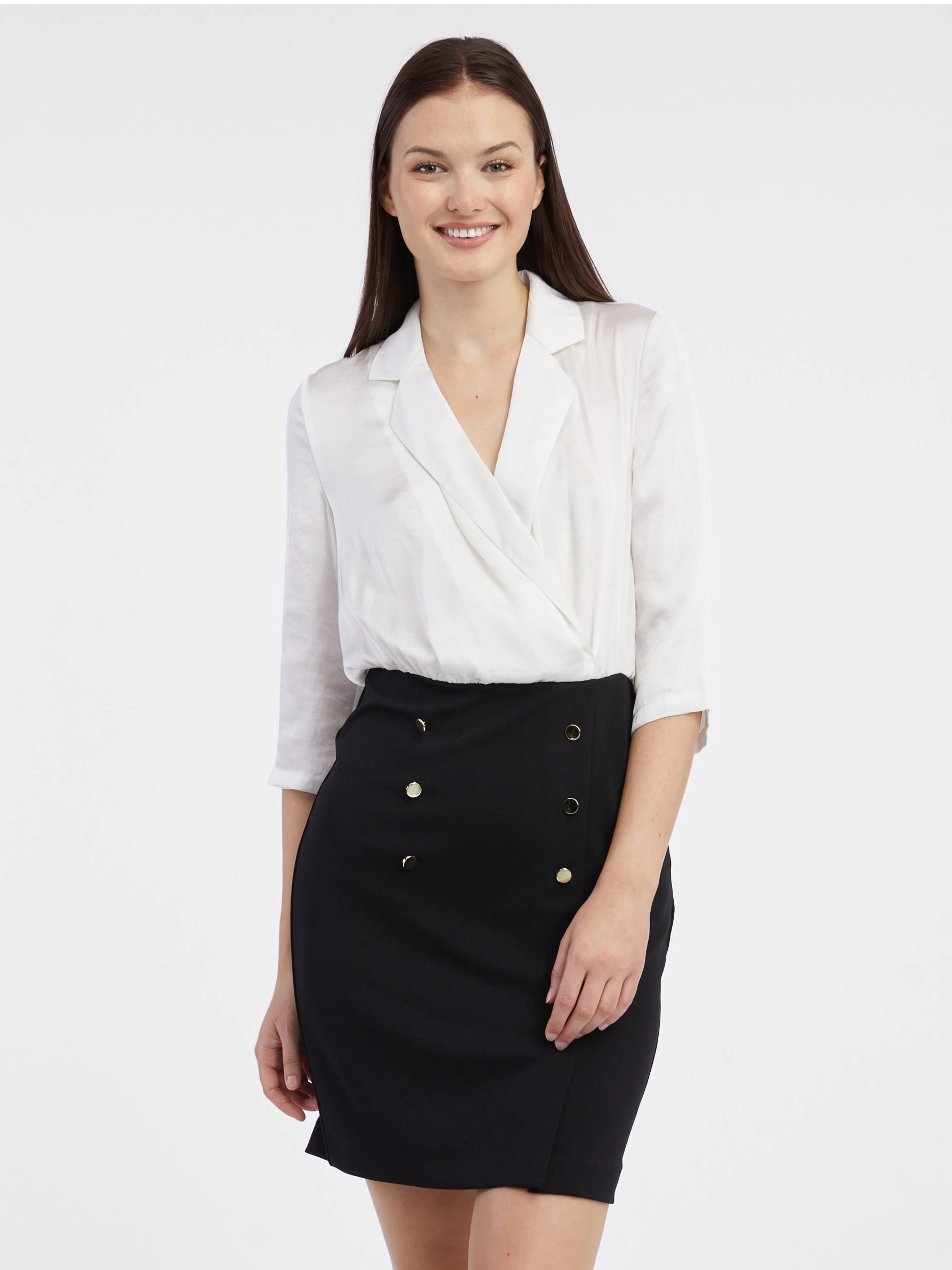 Cremefarbenes und schwarzes Damen-Ärmelkleid ORSAY