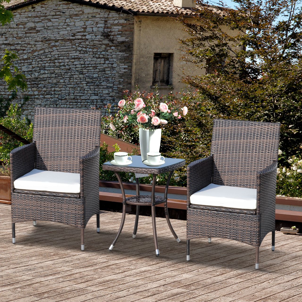 Outsunny 3-tlg. Balkonmöbel Set Sitzgruppe Rattan Gartenset Polyrattan Braun