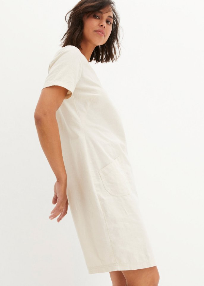 Knielanges Kleid mit Leinen und V-Ausschnitt, Halbarm