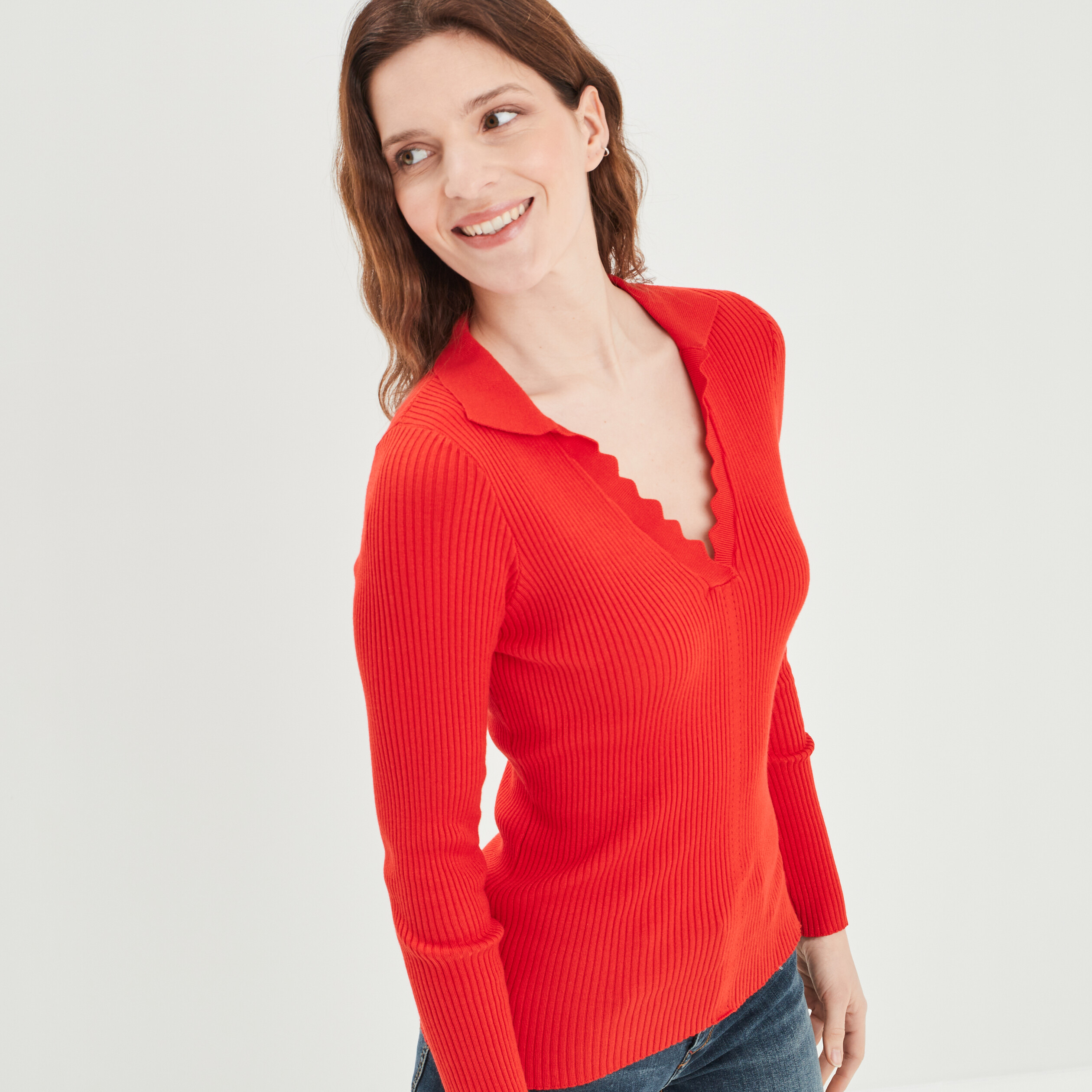 Pull manches longues col polo orange corail femme | La Halle