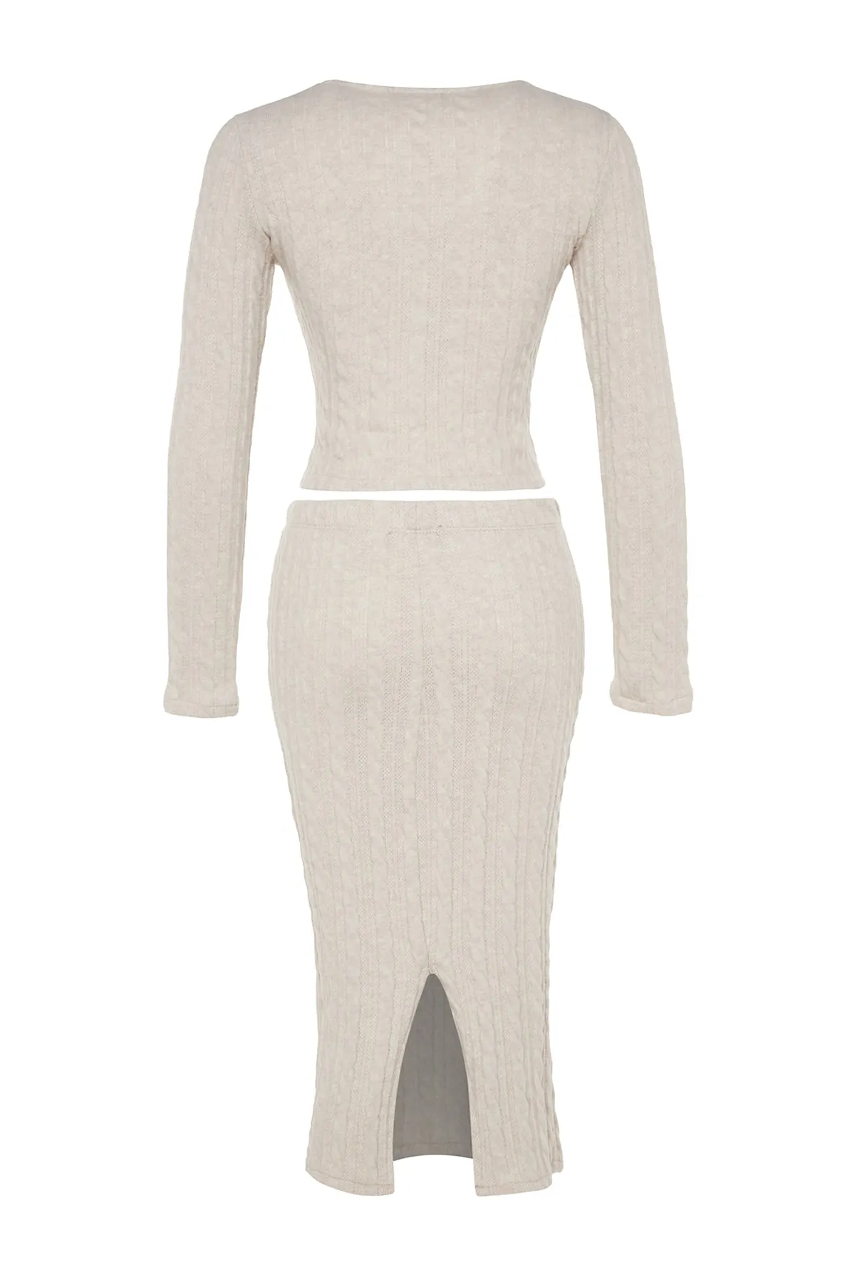 Trendyol Collection  Zweiteiliges Strickset mit V-Ausschnitt, Crop-Top und Midi-Cardigan mit Knopfleiste und Rock aus Stein TWOAW24AU00108