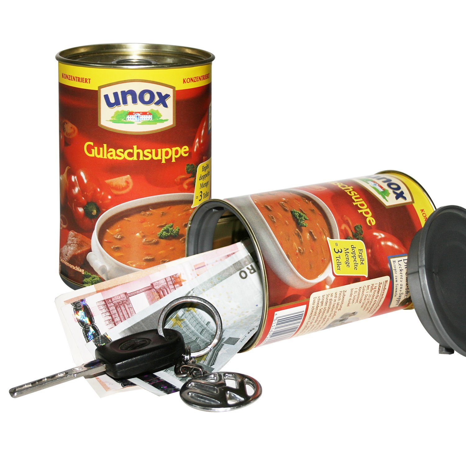 PlasticFantastic Tresor Dosensafe, Geldversteck im Design einer Unox Gulaschsuppe Dose, 11 x 7,5 cm