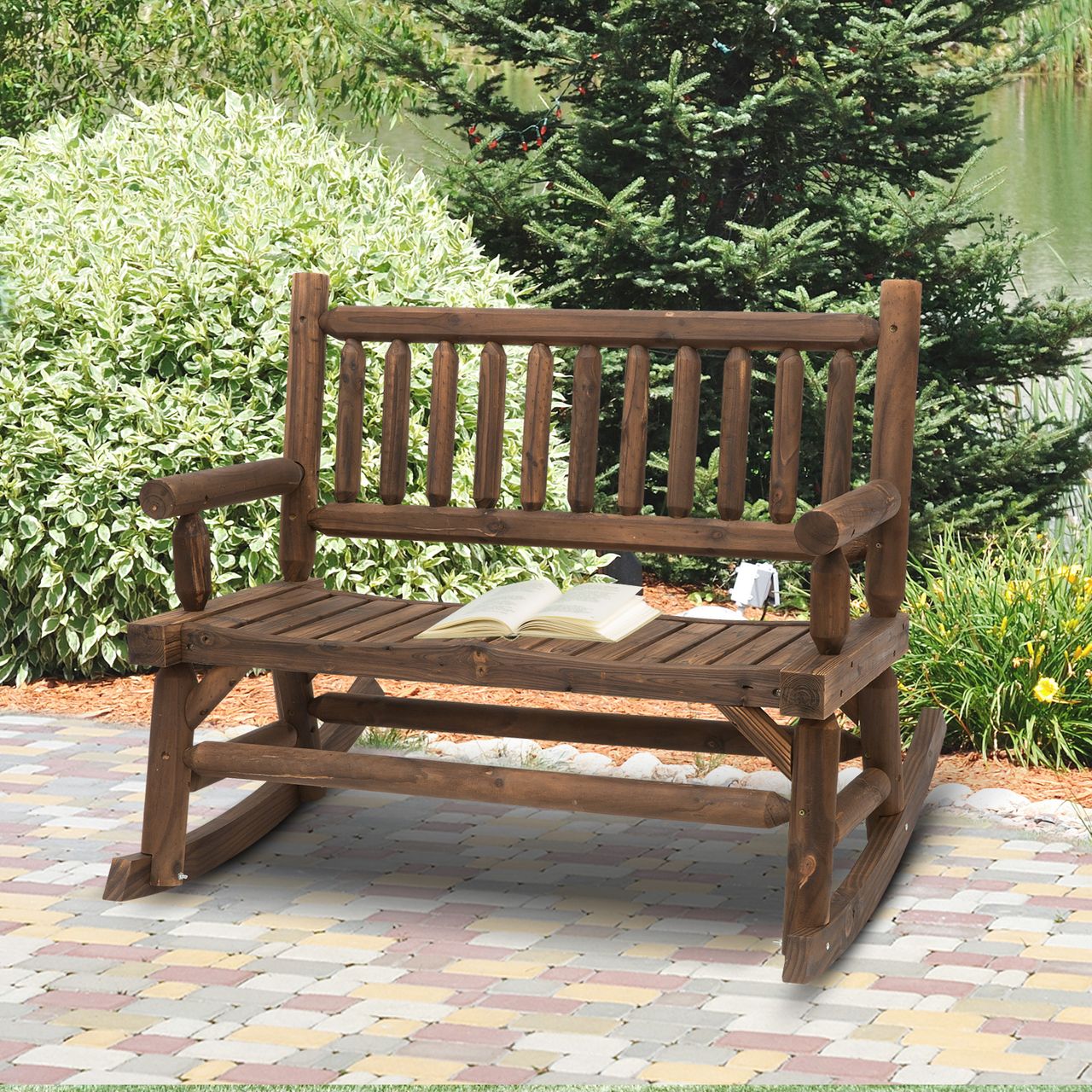 Outsunny Schaukelstuhl mit Armlehne Gartenstuhl Schwingsessel Massivholz Dunkelbraun 112 x 67 x 93 cm