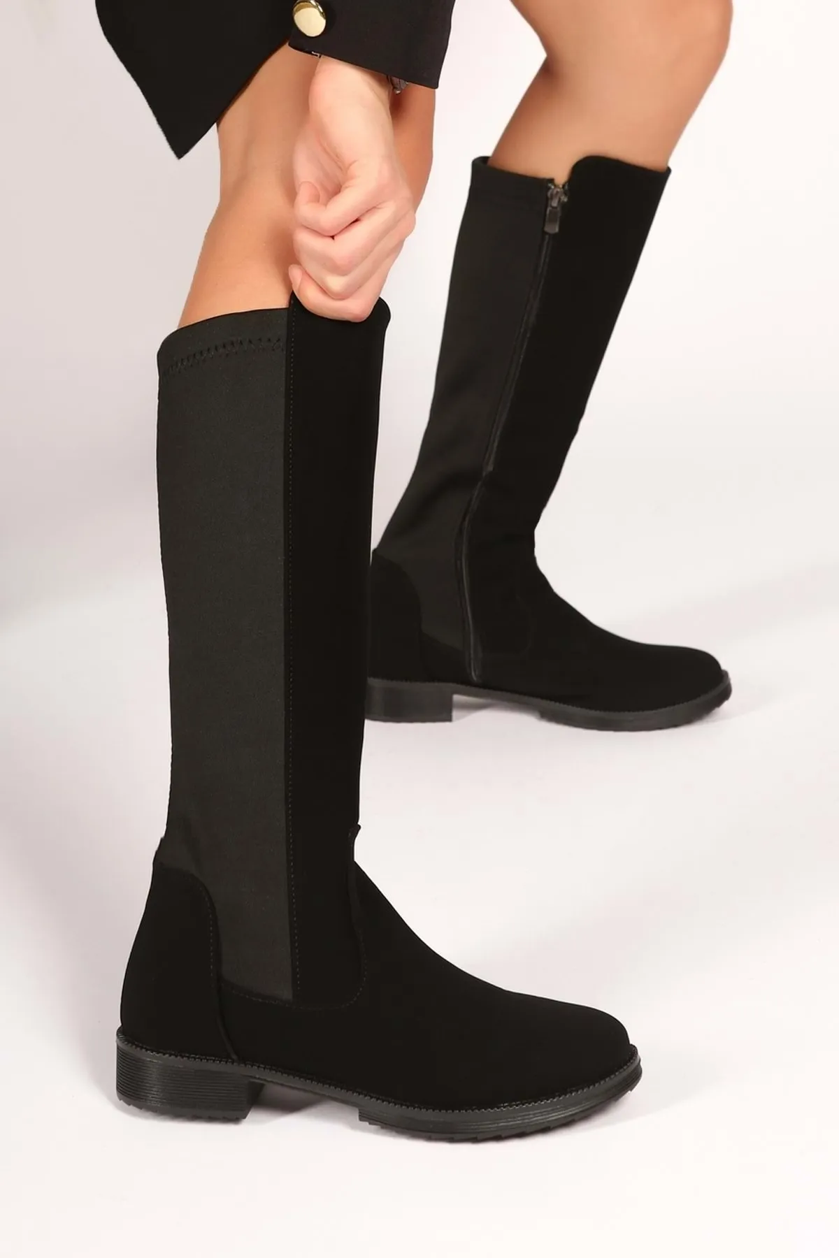 Shoeberry  Damen Ellen Black Nubuck Elastic Boots Schwarzes Nubuk
