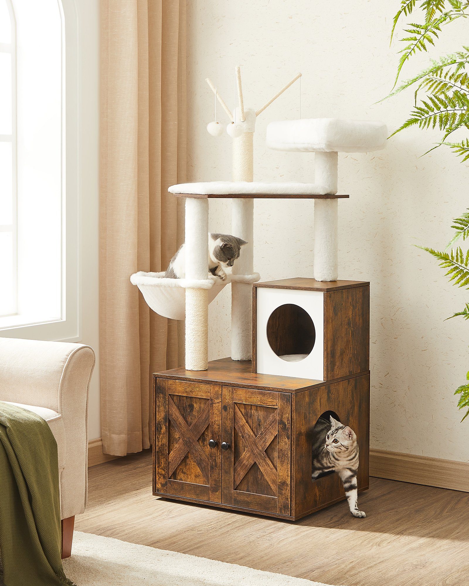 FEANDREA Kratzbaum, mit Katzenklo-Schrank abnehmbaren Plüschbällen 140 cm