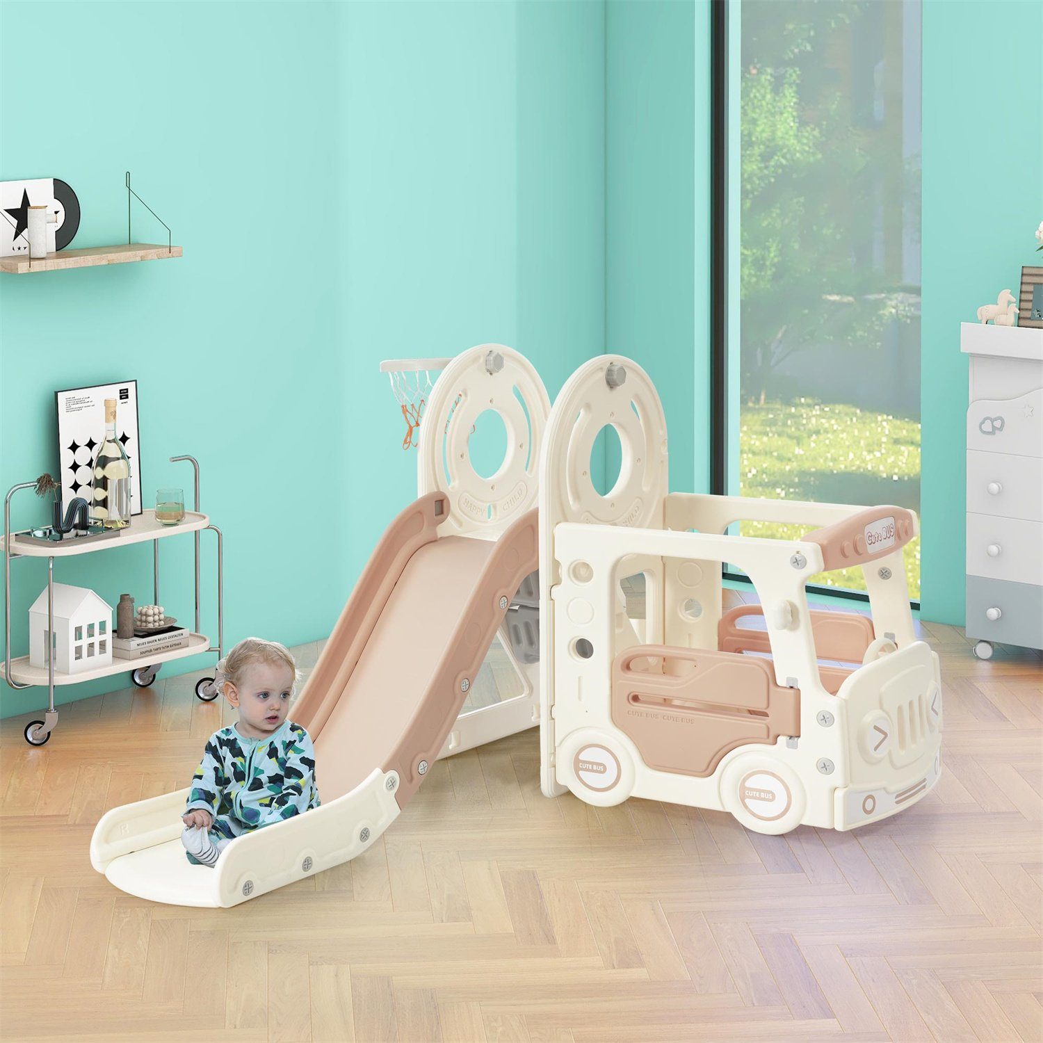 Fangqi Indoor-Rutsche 4-in-1-Kinderrutsche, Indoor-Spielzeug, Rutschenset,Weihnachtsgeschenk, (mit Bus, Rutsche, Aktivitätsleiter, Basketballkorb und passenden Basketbällen)