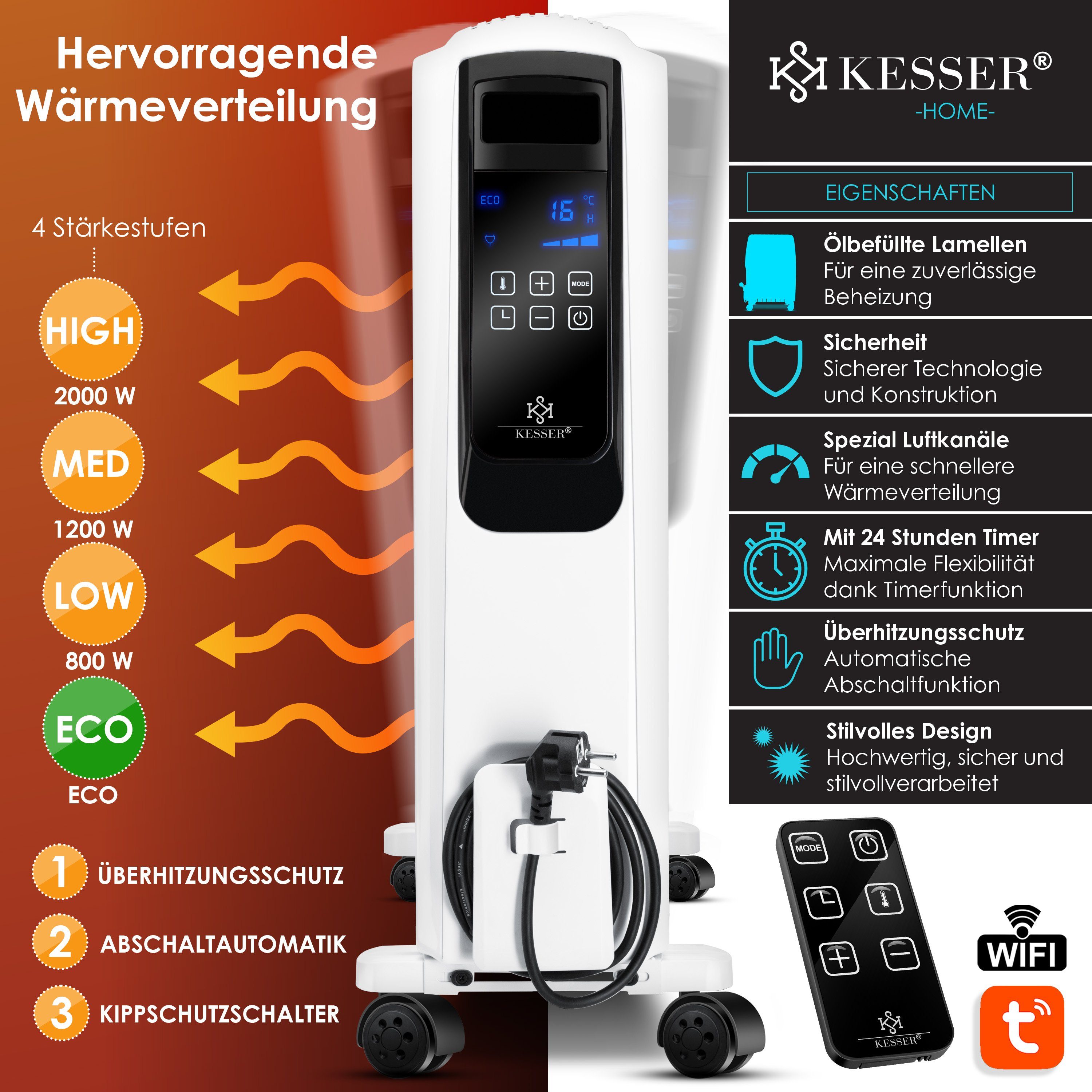 KESSER Ölradiator, 2000 W, Ölradiator mit WiFi App Fernbedienung digitalem Display