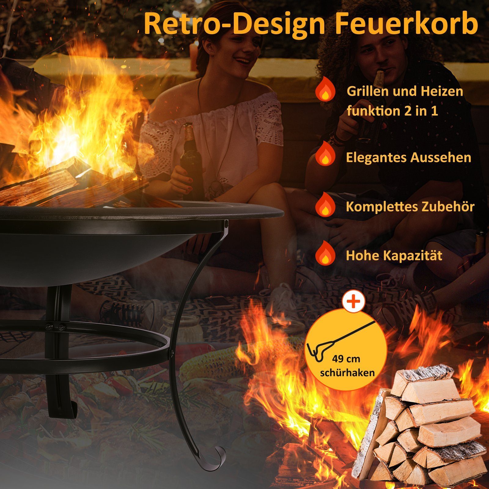 TLGREEN Feuerschale, Ø 76cm Feuerkorb, Feuerstelle für Grillen und Heizen, Schwarz