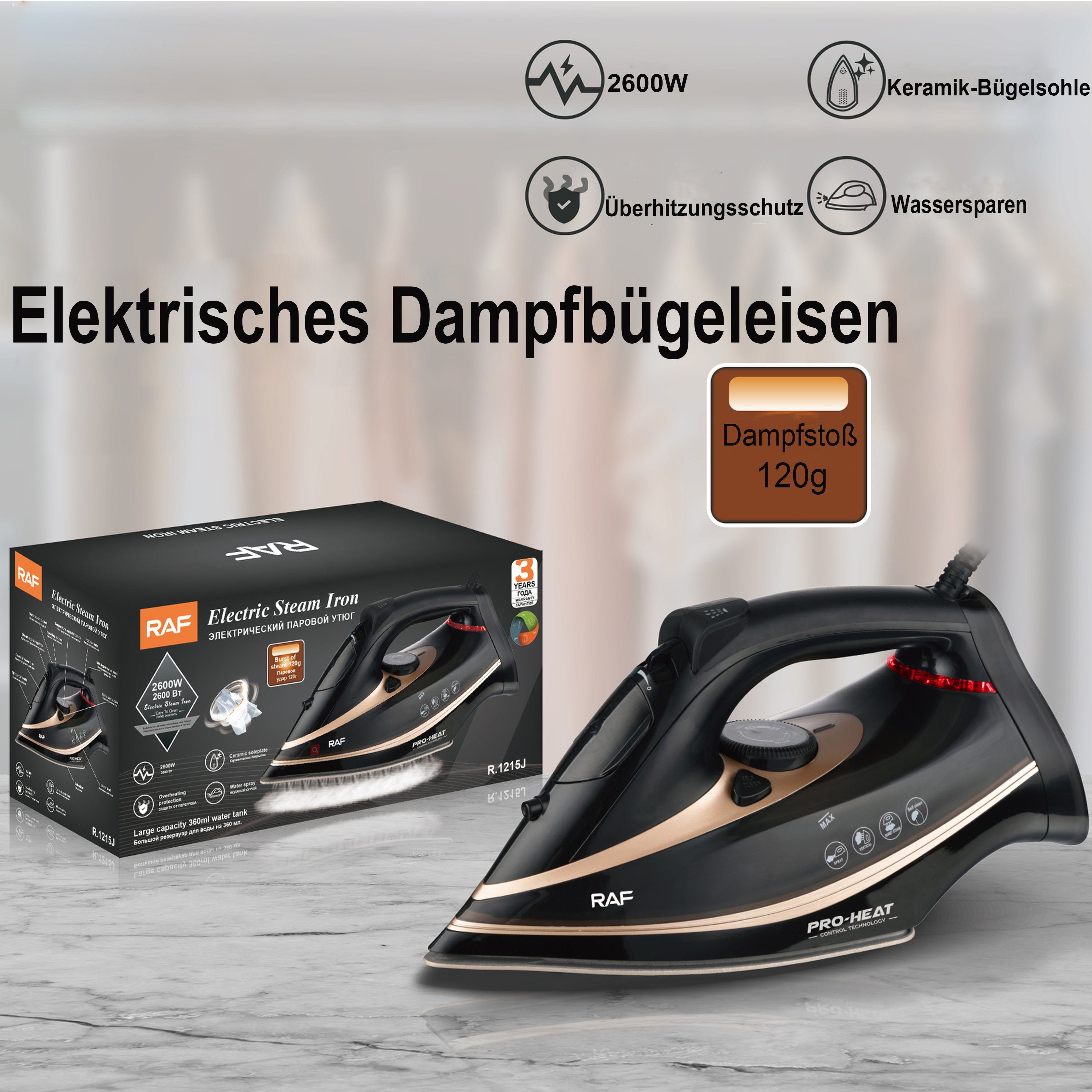 Mutoy Dampfbügeleisen Dampfbügeleisen,Bügeleisen70 g/min Dampf, 120g Extra-Dampfstoß, 2600,00 W, 300ml Wassertank,Keramik-Bügelsohle, Selbstreinigungs, Antikalk