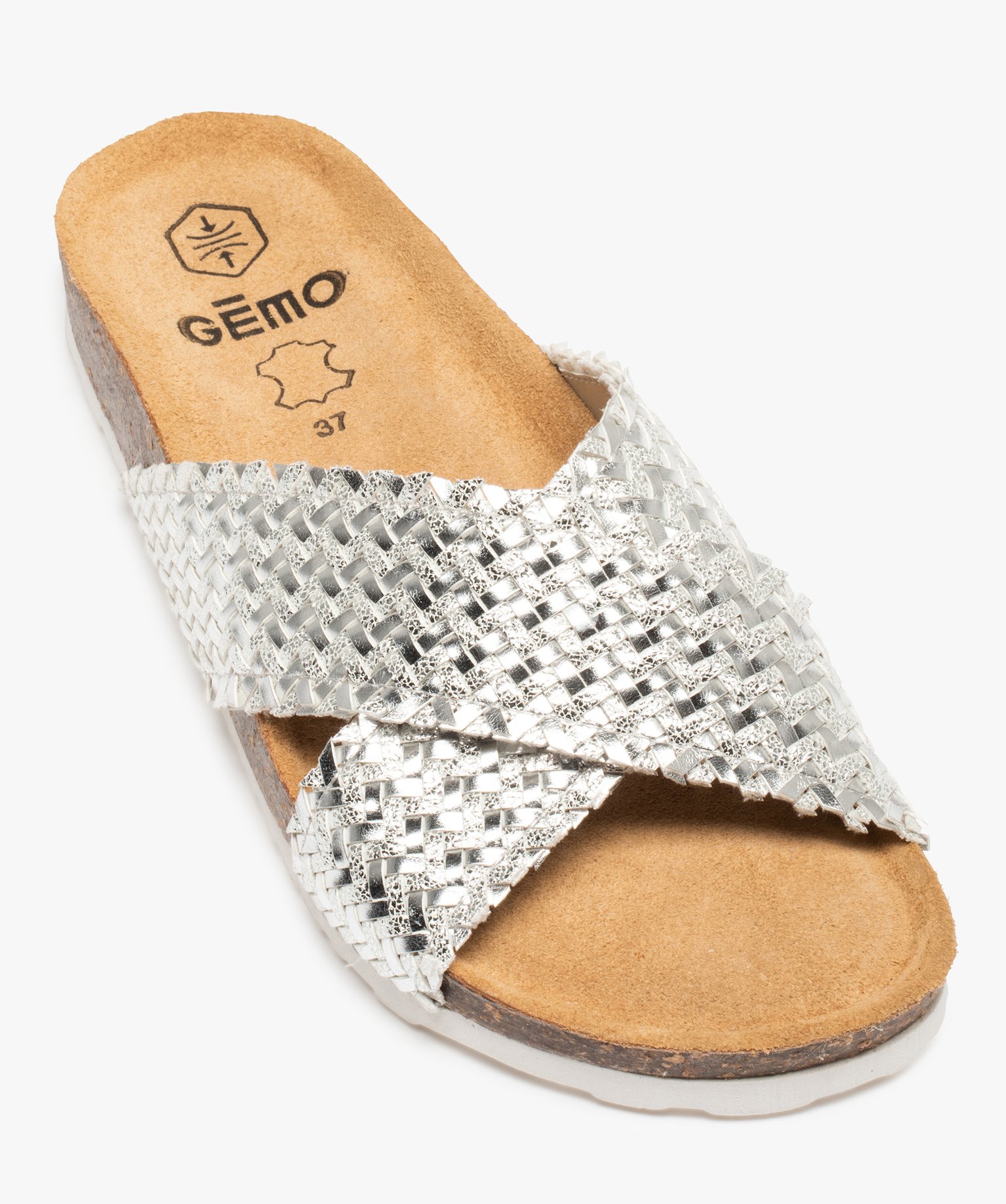 Mules femme plates à brides tressées métallisées gris | GEMO