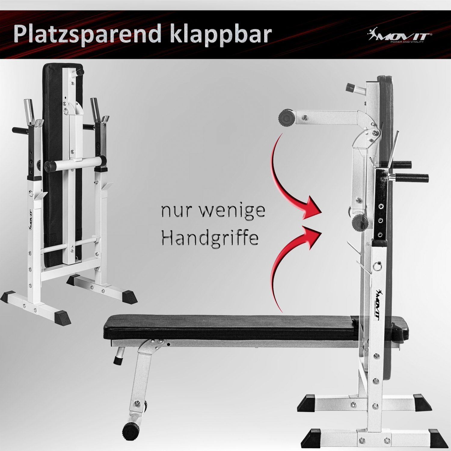 MOVIT Hantelbank Movit® Hantelbank, verstellbare Langhantelablage, (1-tlg), Dip-Station, faltbar, Heim-Trainingsgerät Home-Gym Kraftstation