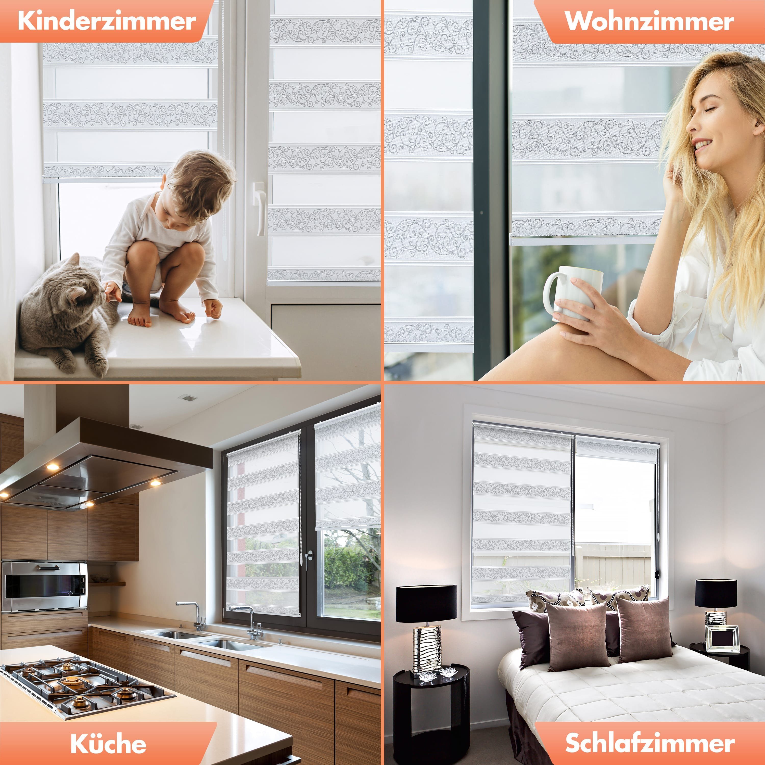 Doppelrollo mit Motiv, Duo Rollo, Fensterrollo, Klemmrollo, Bailena, Lichtschutz, ohne Bohren, freihängend, Klemmfix, gemustert, glitzernd, Rankenmuster, Blumenmuster