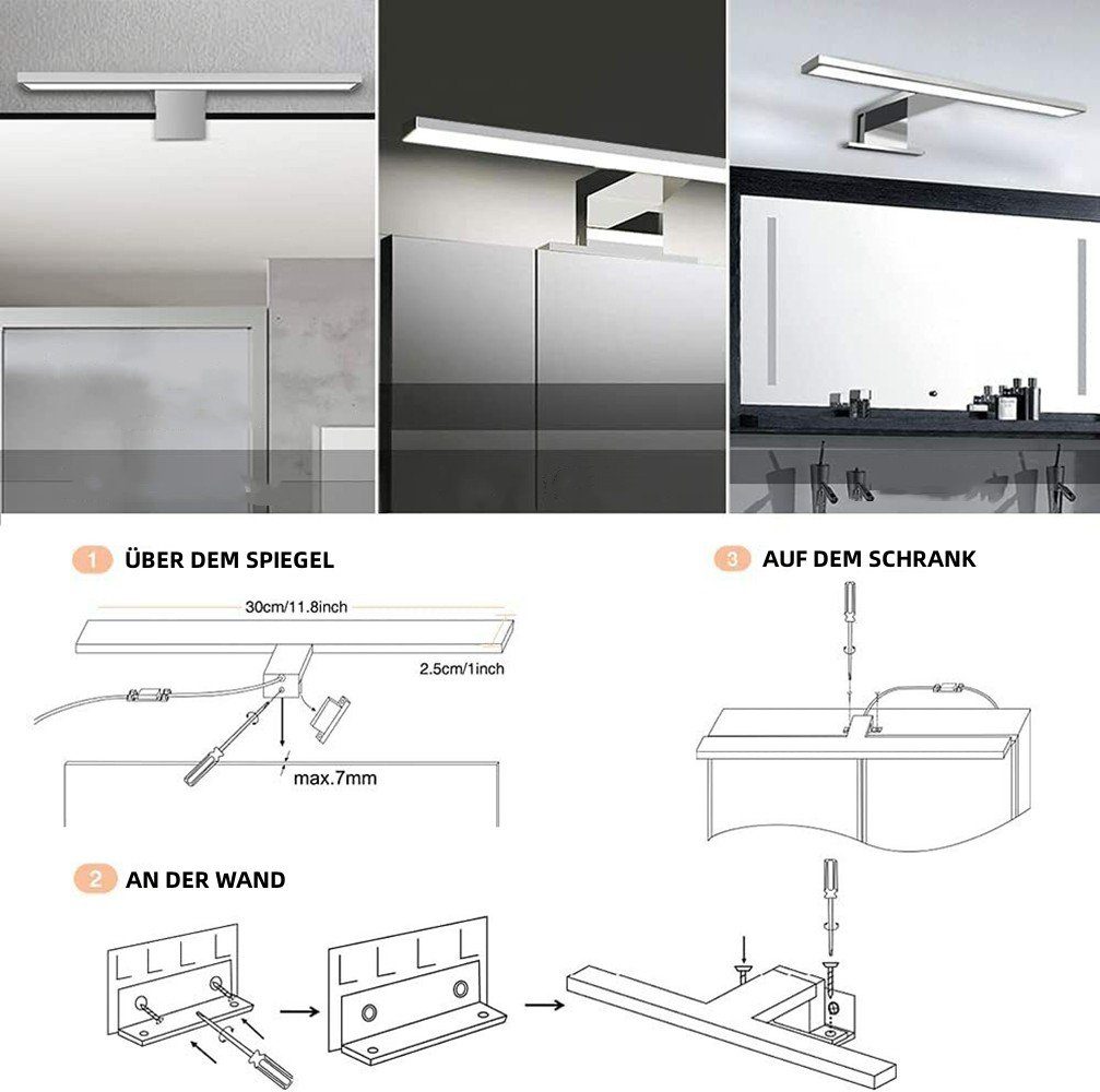 LETGOSPT Spiegelleuchte LED Wandleuchte, 30cm 60cm LED Spiegellampe 230V, LED fest integriert, Kaltweiß, Aufbauleuchte + Klemmleuchte, Schminklicht, Schrank-Beleuchtung 230V