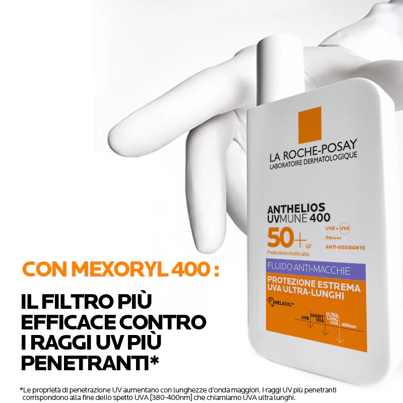 Anthelios UVMune 400 pretpūtīšu šķidrums SPF50+ - augstas aizsardzības sejas saules aizsargkrēms.