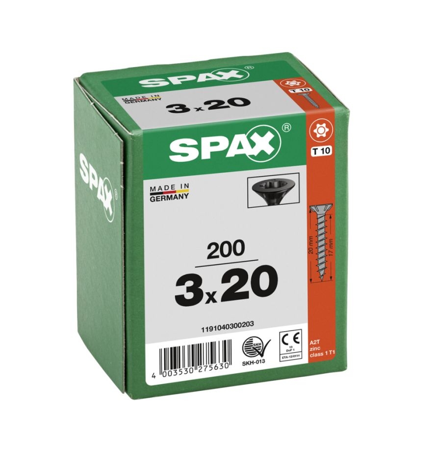 SPAX 1191040300203 Универзални вијак 3 x 20 мм, упуштена глава, T-STAR PLUS T10, пуни навој, црно поцинковано - 200 ком.