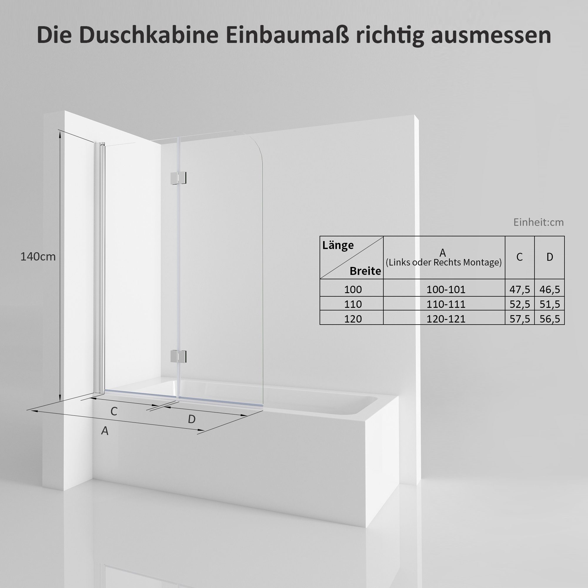 Boromal Badewannenfaltwand Badewannenaufsatz 2-teilig Duschwand Faltbar für Dusche 6 mm ESG 140H, Einscheibensicherheitsglas, Beidseitige Nanobeschichtung, 6mm ESG-Sicherheitsglas, Aluminiumprofile