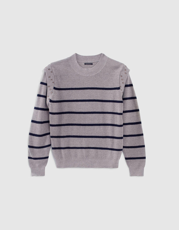 Pull gris tricot à rayures marine et clous Femme