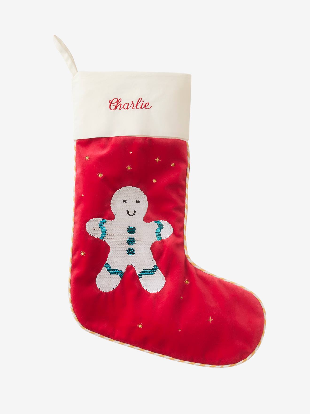 Vertbaudet Kinder Weihnachtsstrumpf mit Wendepailletten MR. BISCUIT, personalisierbar - rot
