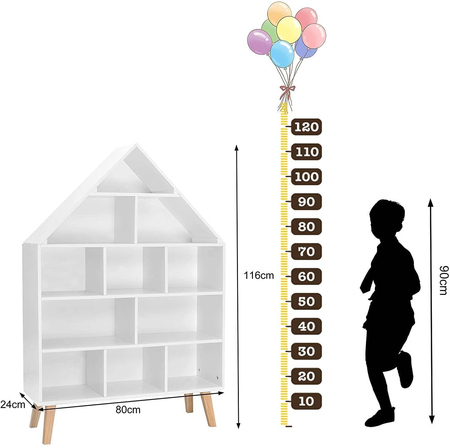 Woltu Bücherregal, 1-tlg., Standregal Hausform Kinderregal mit 5 Ebenen, Weiß