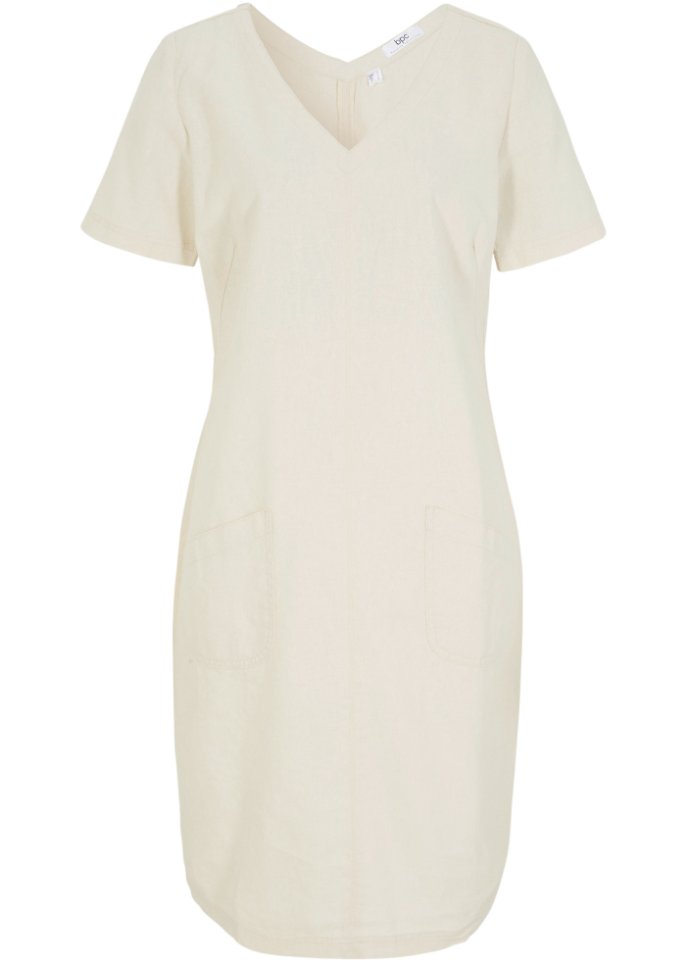 Knielanges Kleid mit Leinen und V-Ausschnitt, Halbarm