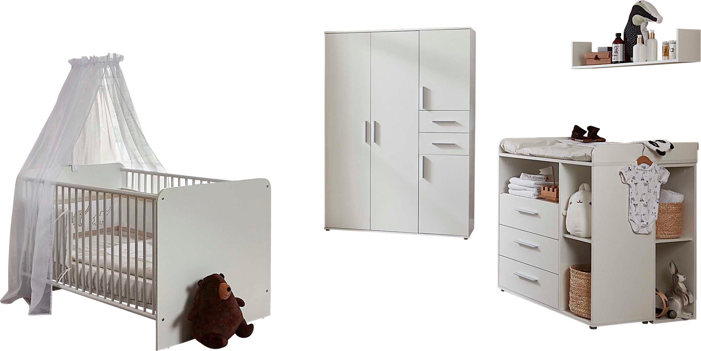 BMG Möbel Babyzimmer-Komplettset Lea, (Set, 6-St., Bett, Wickelkommode, Unterbauregal, Schrank, Wandboard), Bett + Wickelkommode + 2x Unterbauregal + 4-trg. Schrank + Wandboard