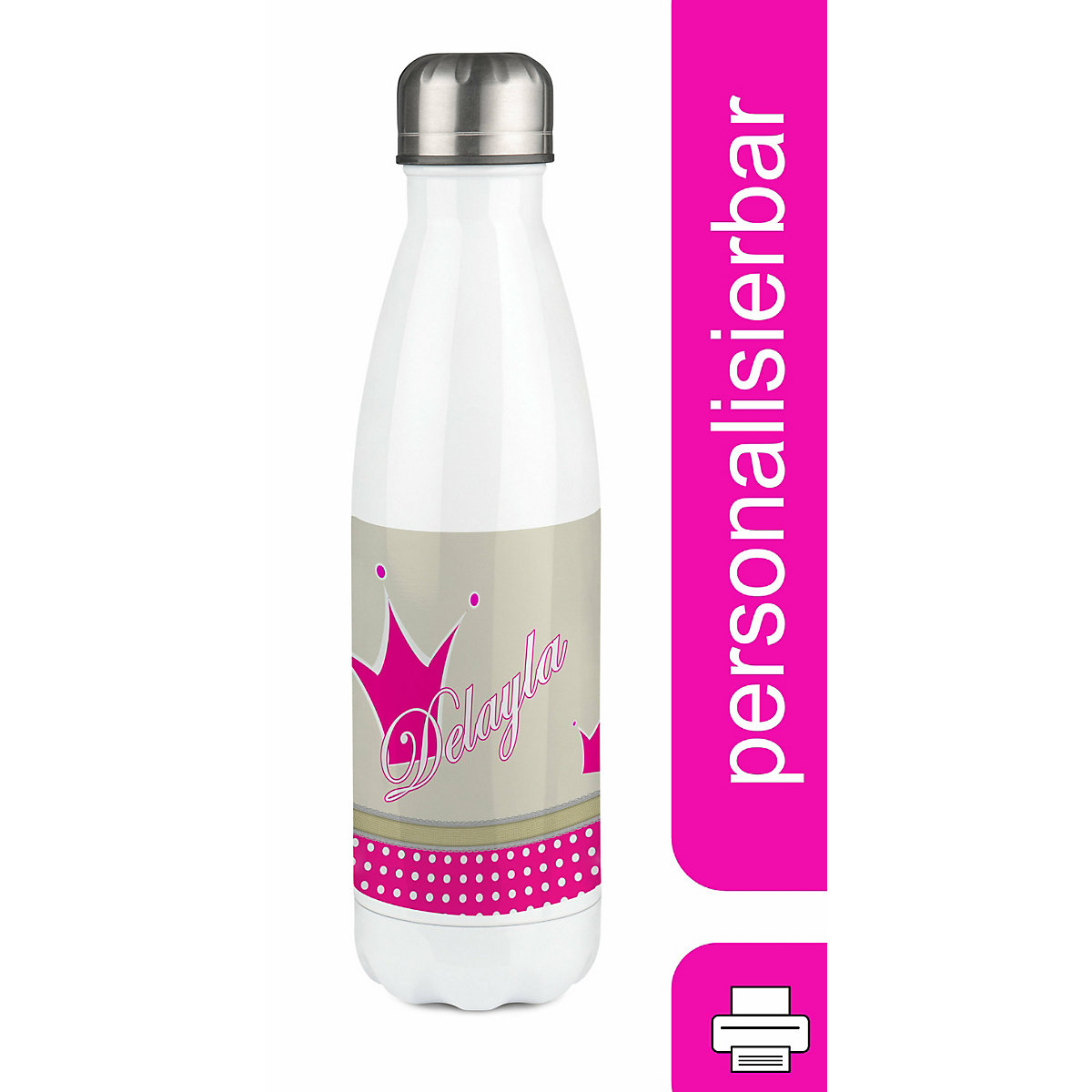 Edelstahl Kinder Thermoflasche / Trinkflasche bunt Krone Farbe beige pink Spülmaschinenfest, Auslaufsicher, Bruchfest, Doppelwandig, Für Heißgetränke geeignet, Mit Deckel, Isoliert