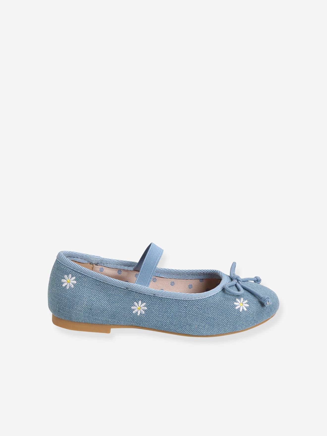 Ballerines fille en toile brodée bleu